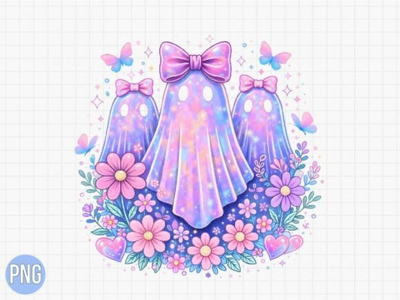 Cute Pastel Coquette Ghost Trio PNG