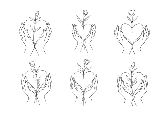 Hands Holding Heart Flower Line Art
