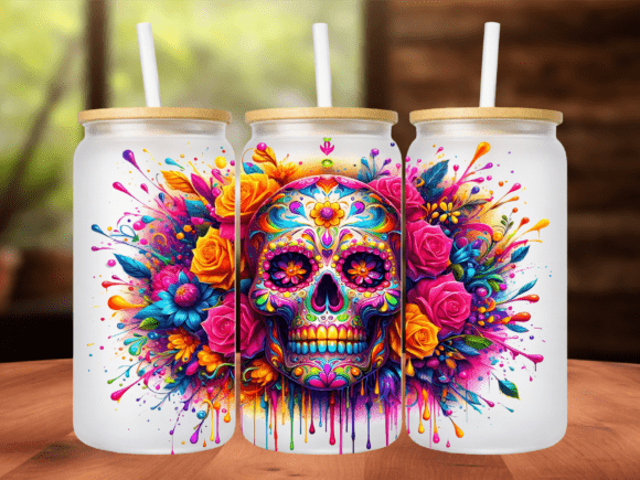 Neon Sugar Skull 16oz Tumbler Wrap PNG – A Creative and Versatile Design for Custom Projects